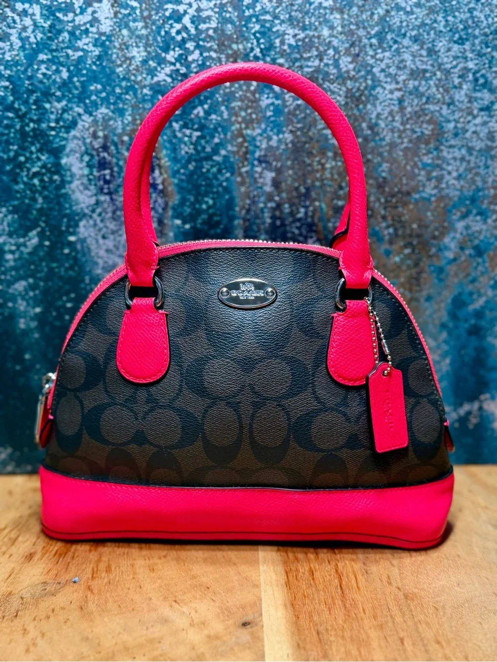 Coach Barbiecore 2014 Mini Cora Domed Satchel Brown Canvas Neon Pink